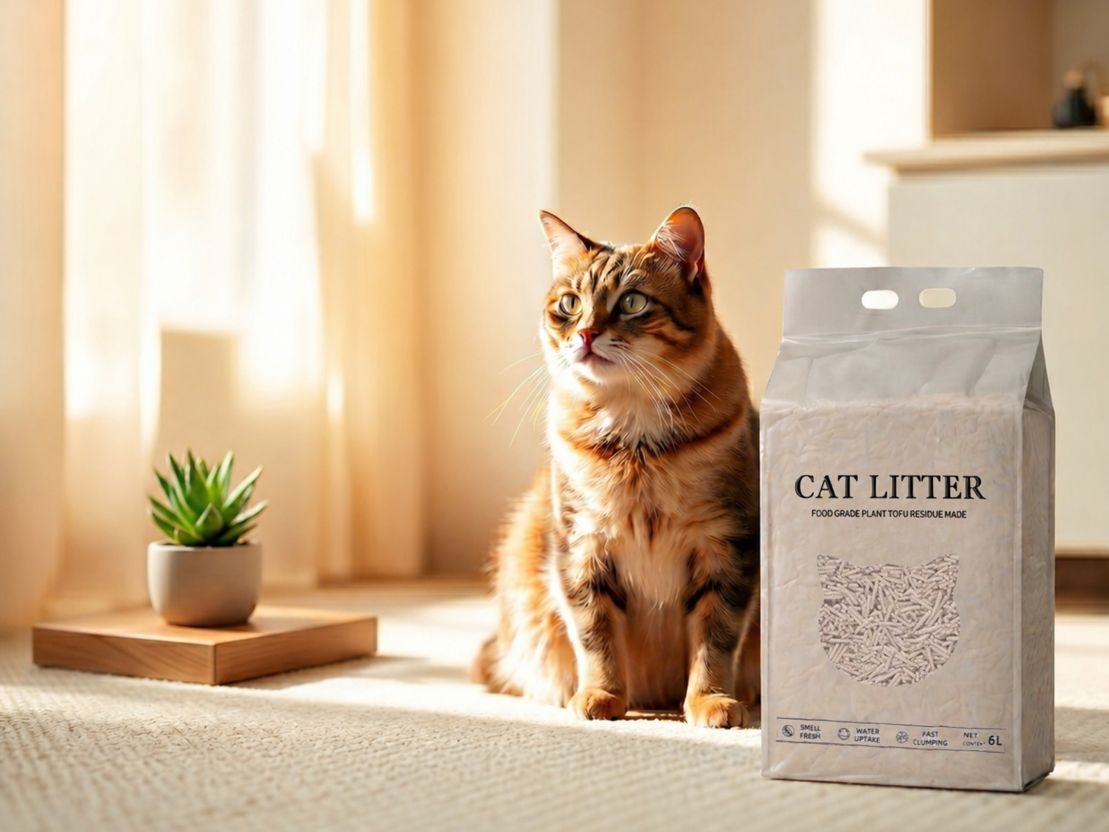 A calm cat in a sunlit room beside a tofu cat litter pouch